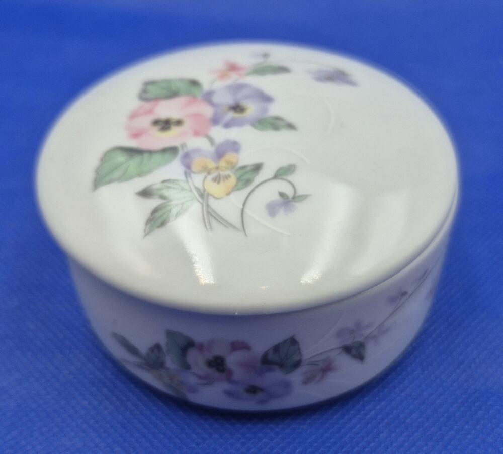 Vintage RUSS Round Porcelain Trinket Box Handpainted Pansies 3.5x2"